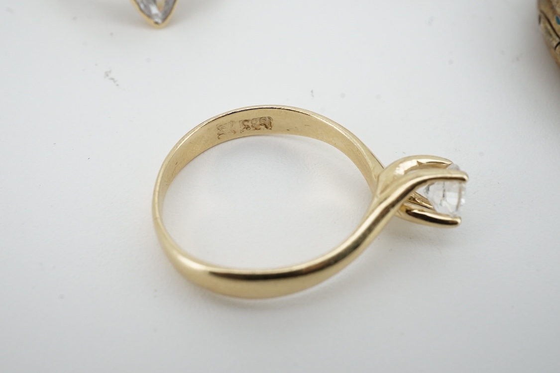 Two modern 9ct gold and cubic zirconia set rings, including white gold, two other simulated diamond set rings, together with an Italian cross pendant, a cameo brooch and an oval gilt metal locket.